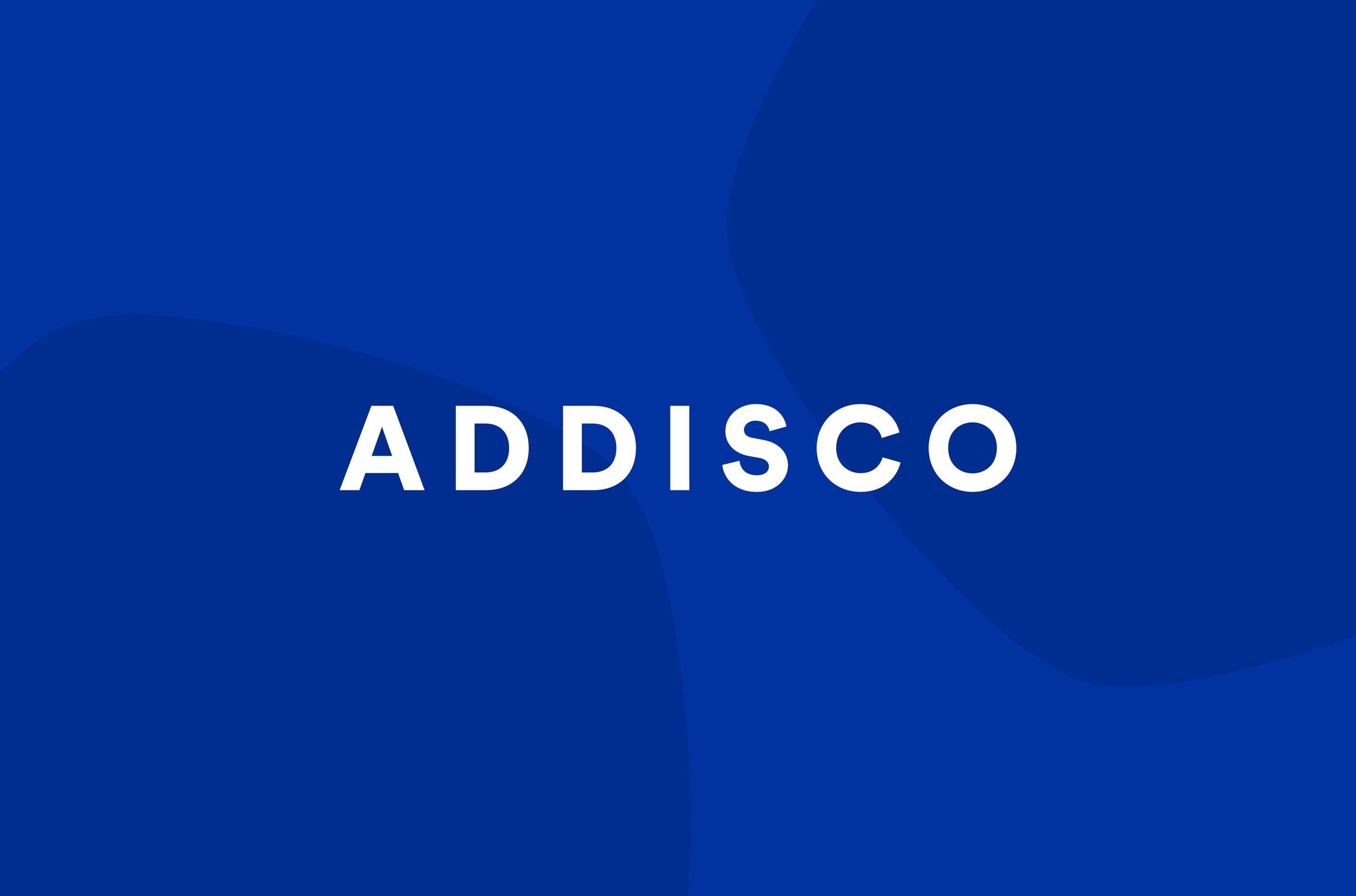White Addisco text logo on blue background with animated polygons