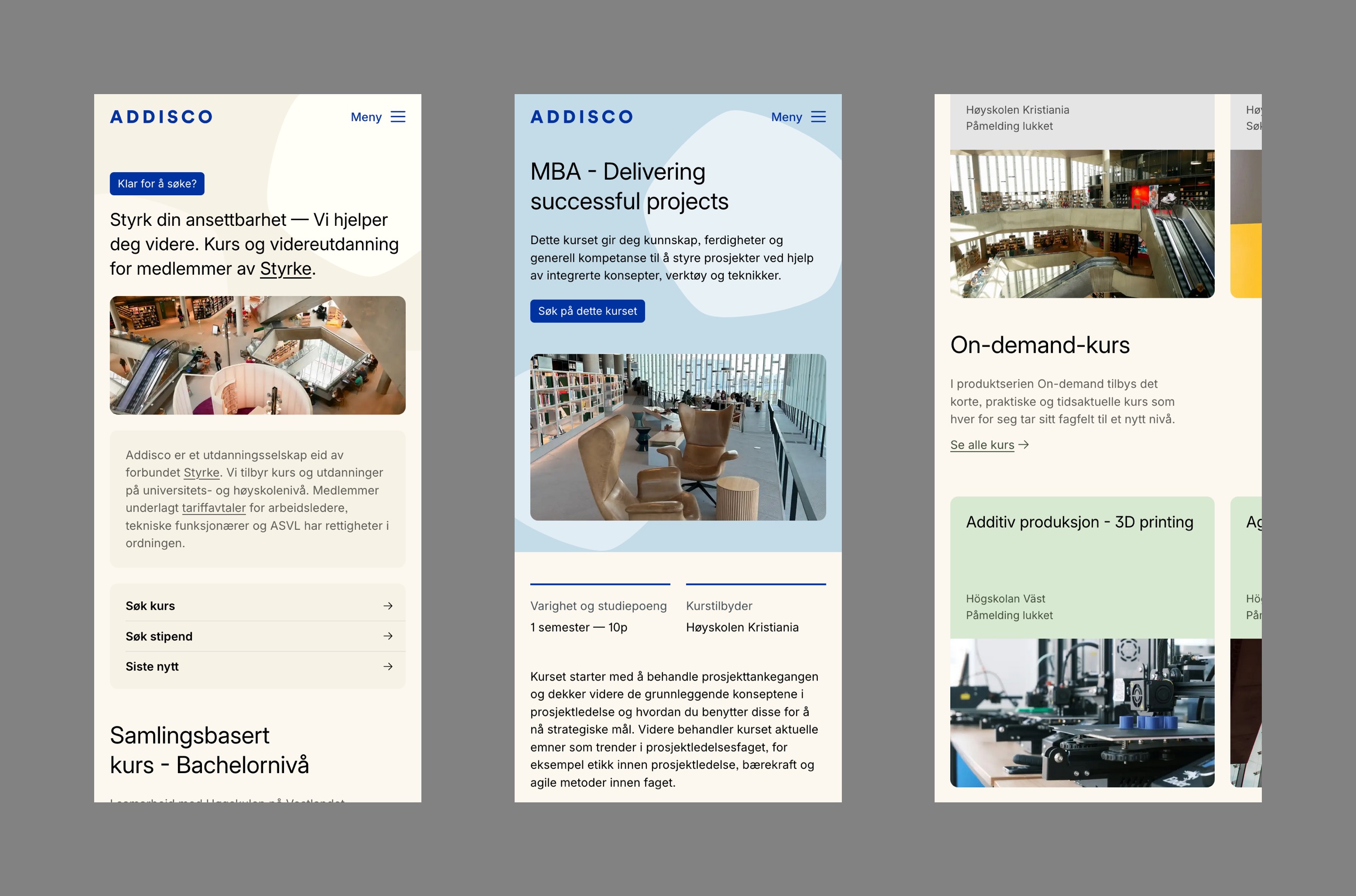 Screenshots of the home page, course page, and carousel component on mobile