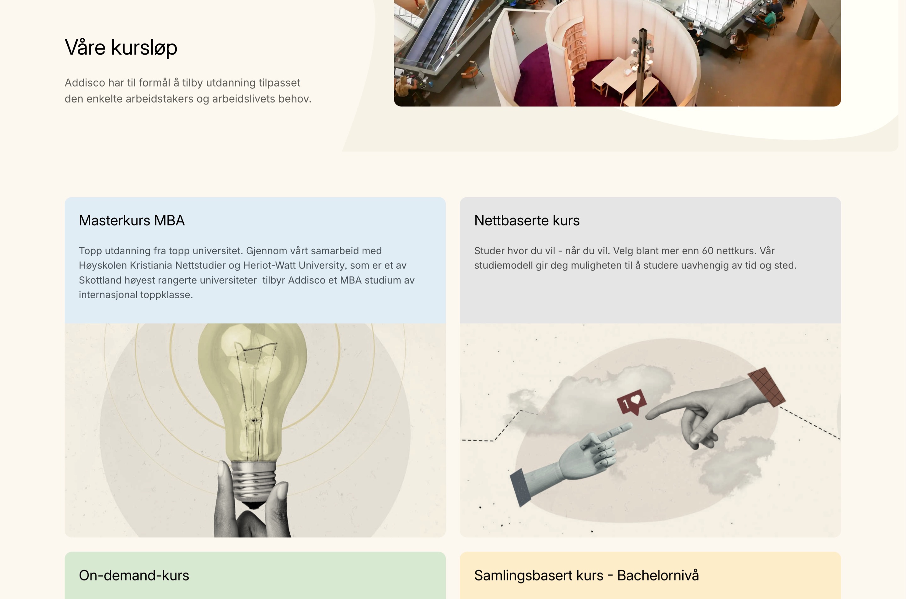 Screenshot of the course type listing page