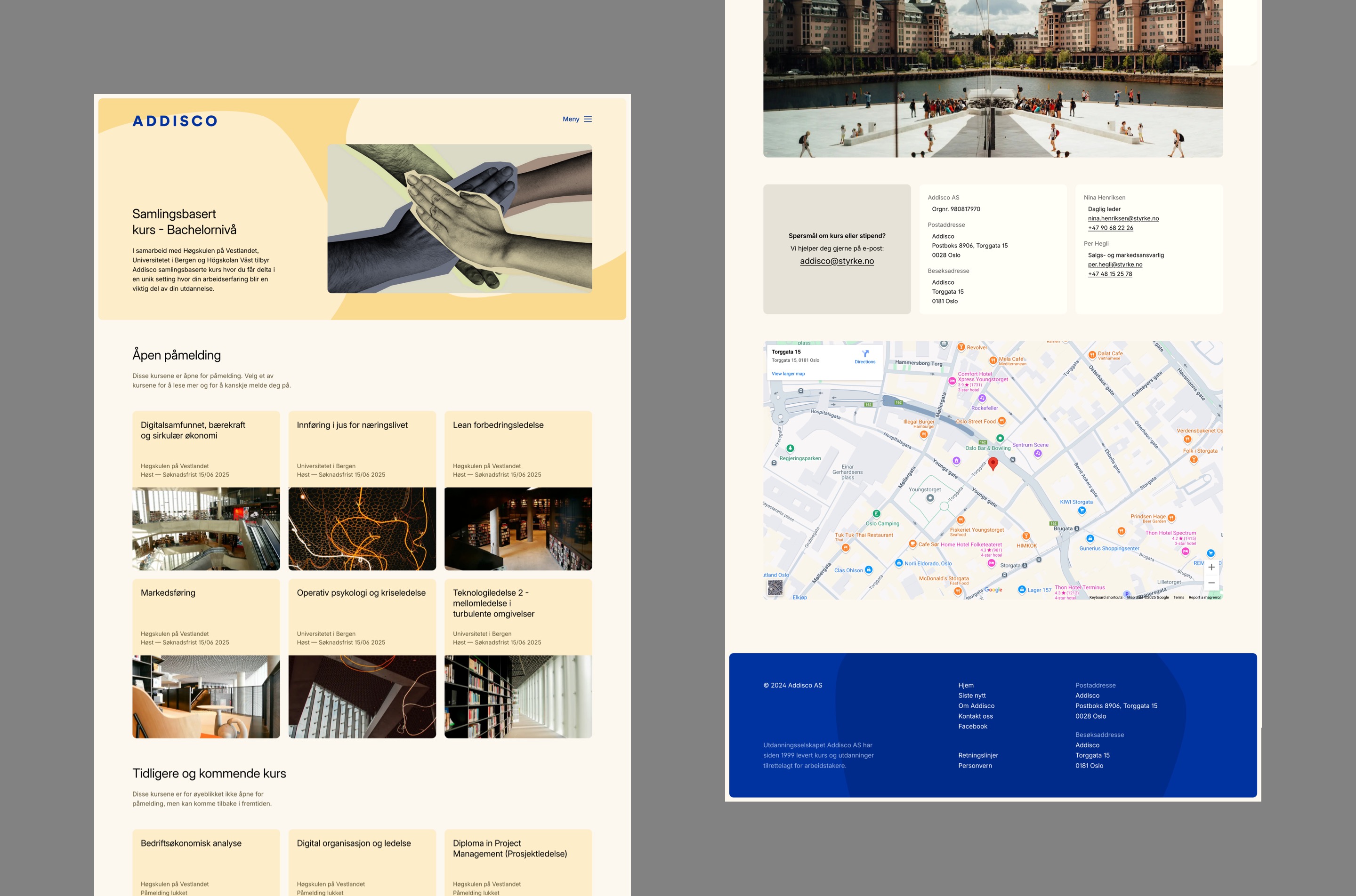 Screenshot of the course type page, and the contact us page