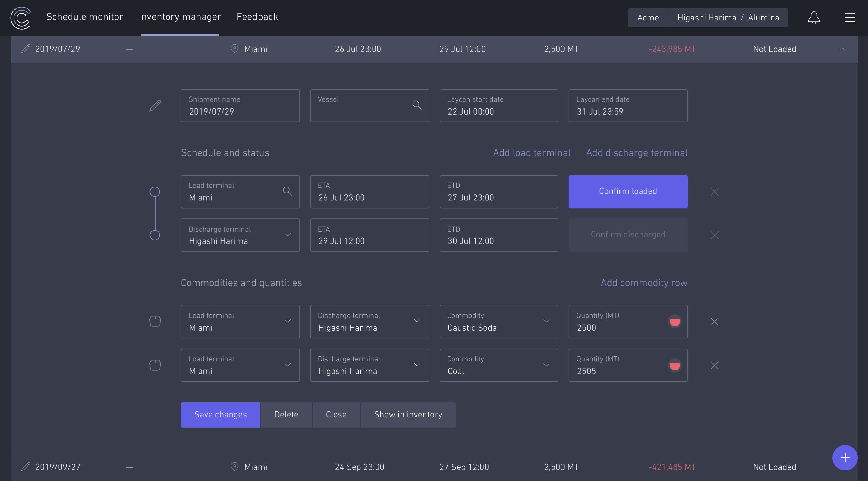 Schedule details on desktop showing dates, route, and cargo