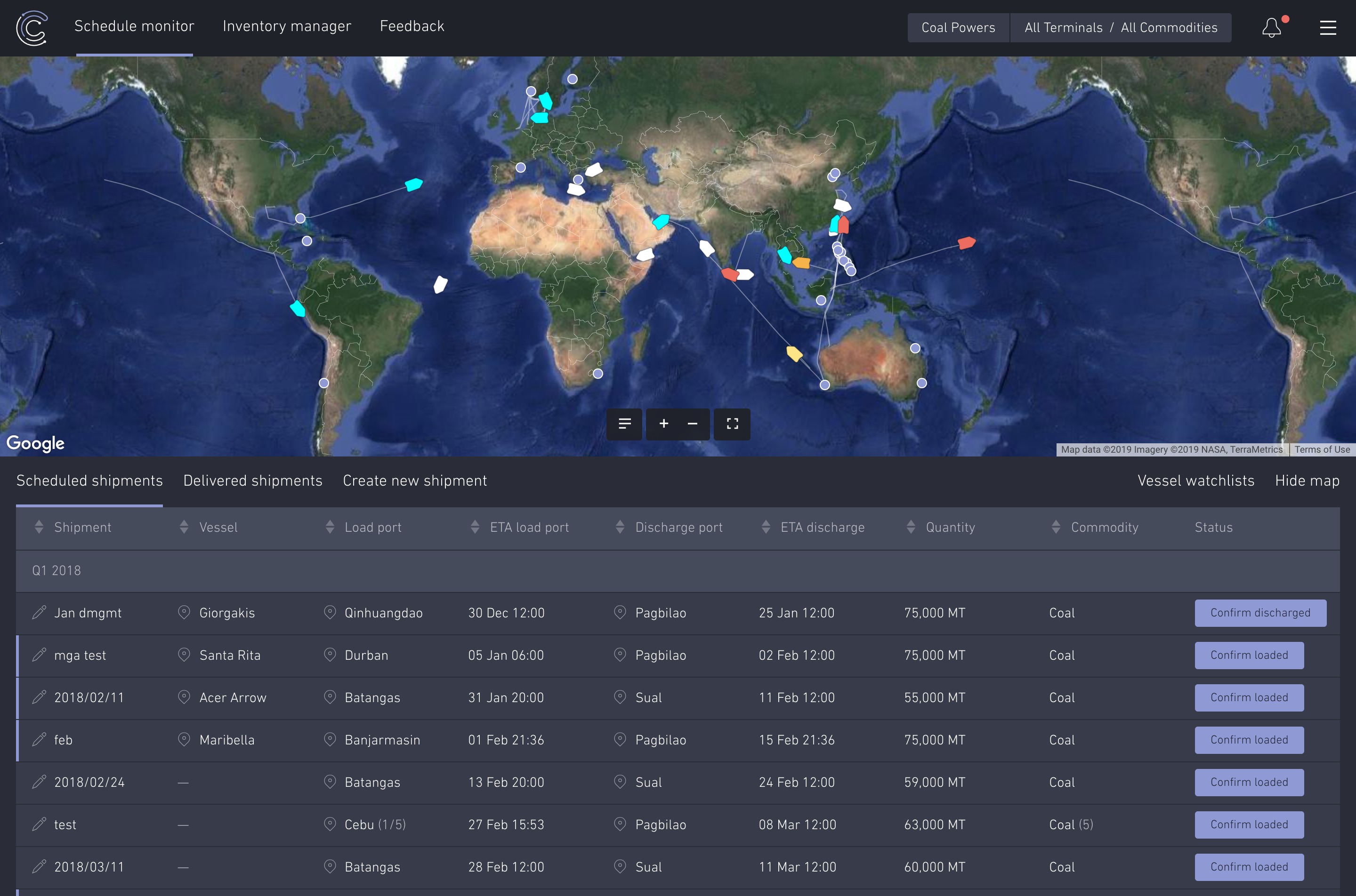 Main page on desktop with a world map and schedule table