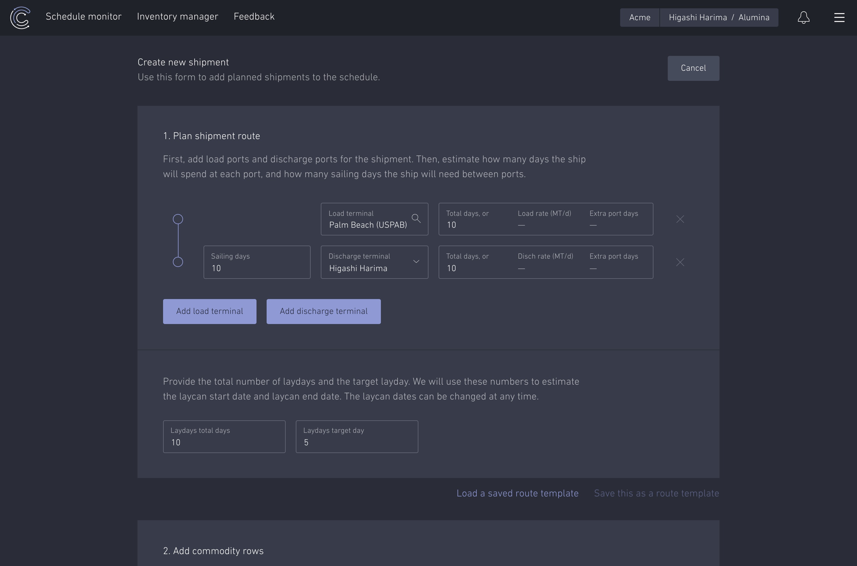 A stepwise form for creating new shipments