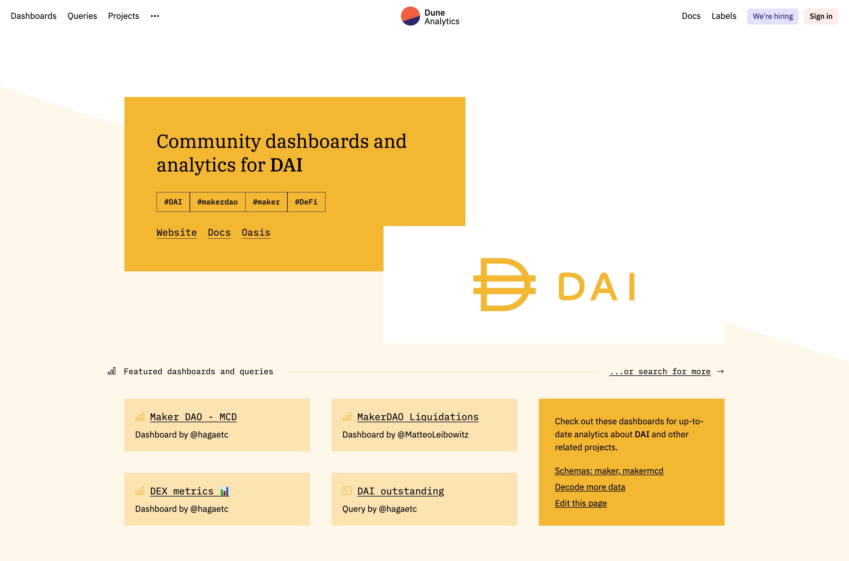 Branded project page for DAI with links to dashboards