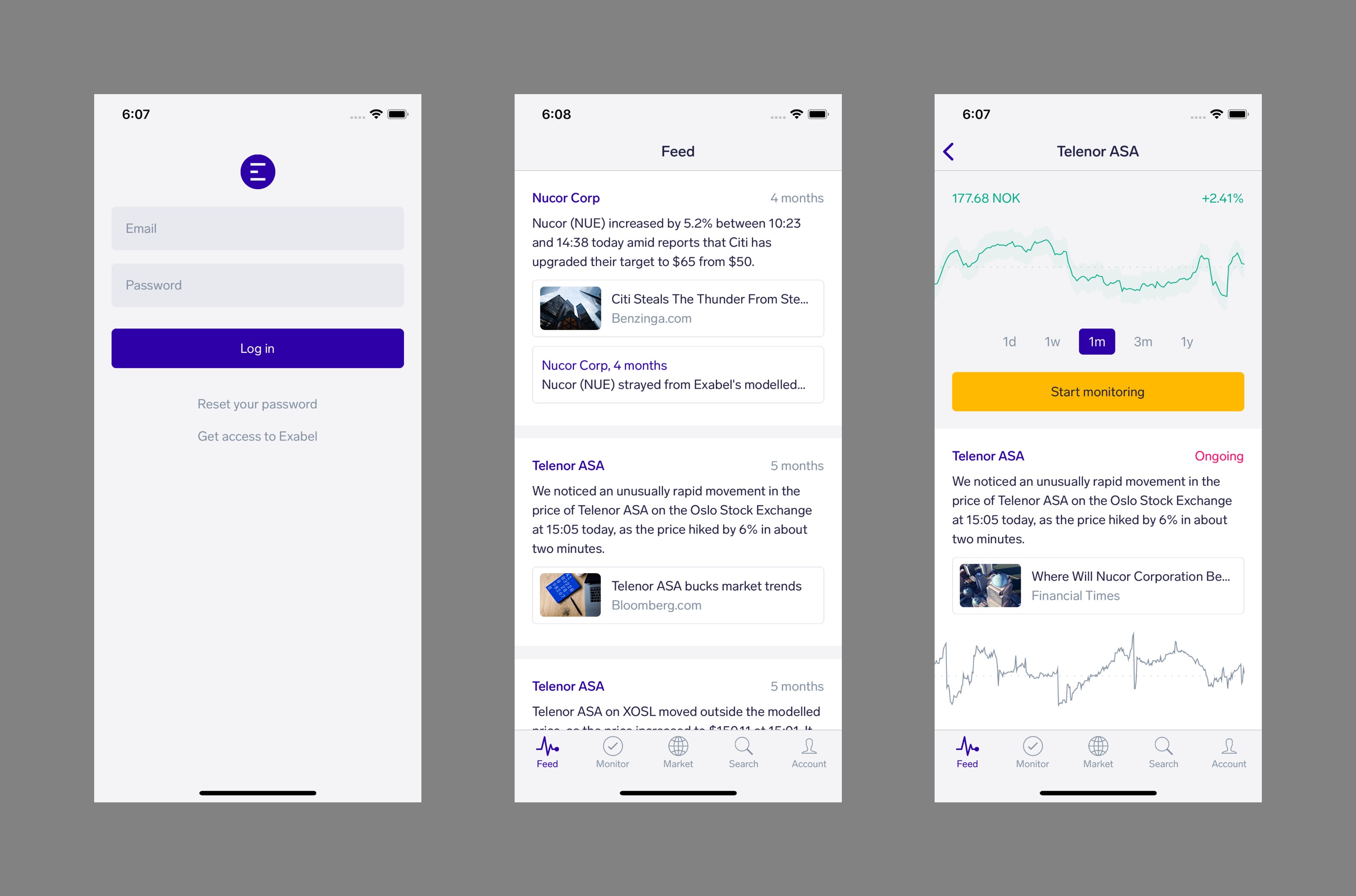 Mobile screens for logging in, a news feed, and stock details