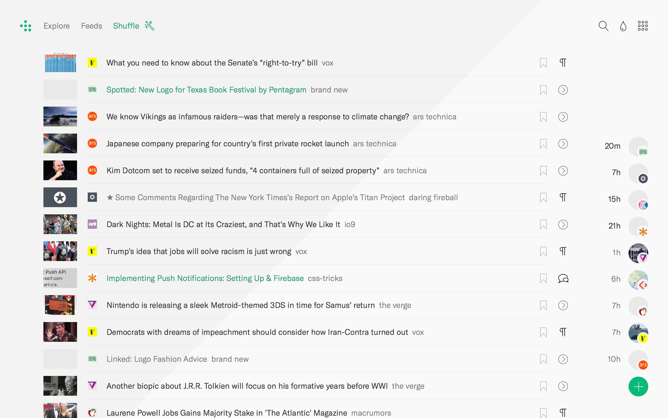 RSS reader index page showing recent posts
