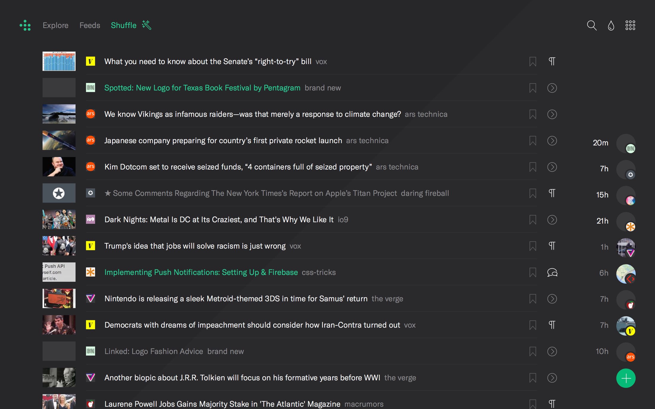 RSS reader index page in dark mode