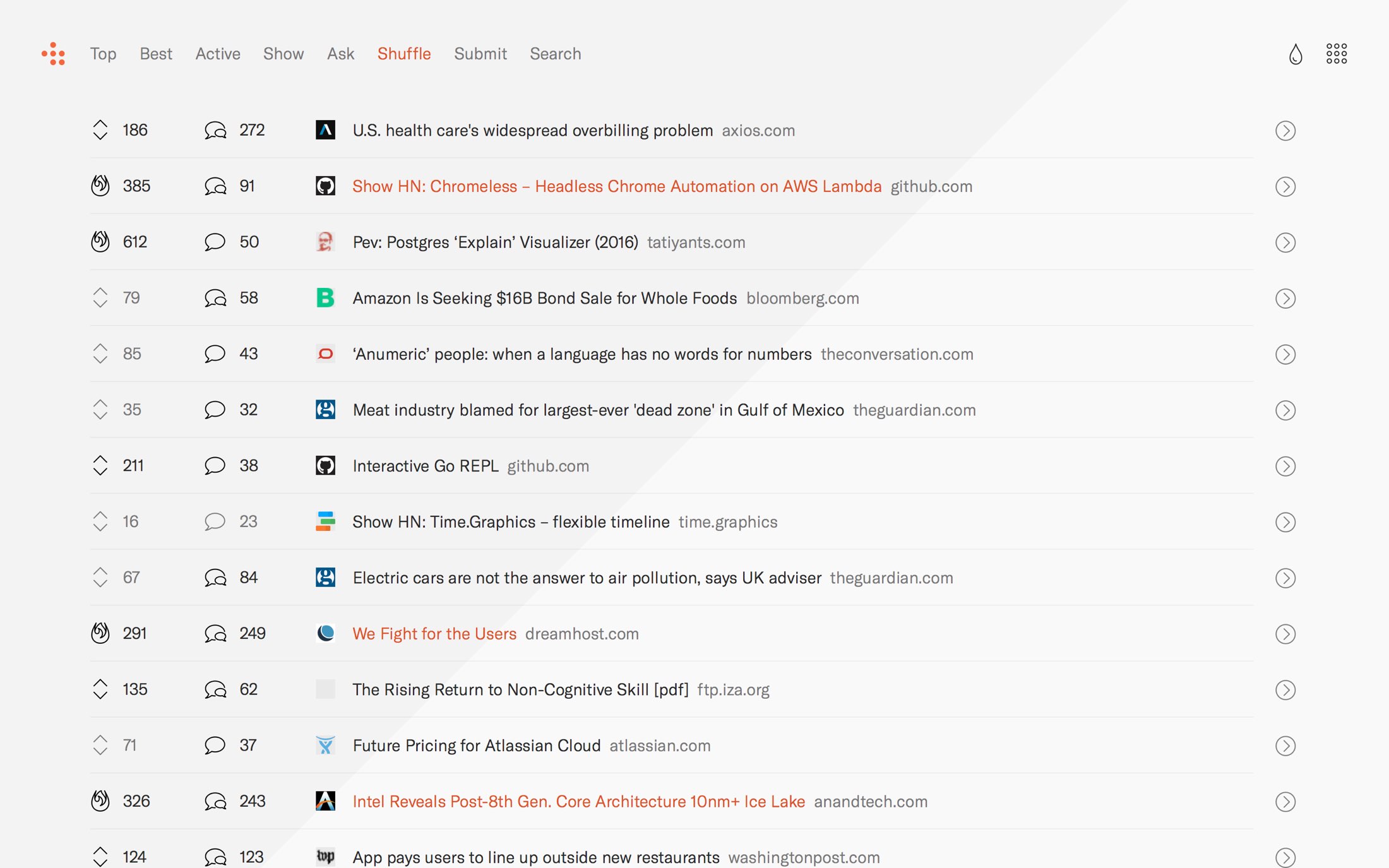 HN reader index page showing recent posts