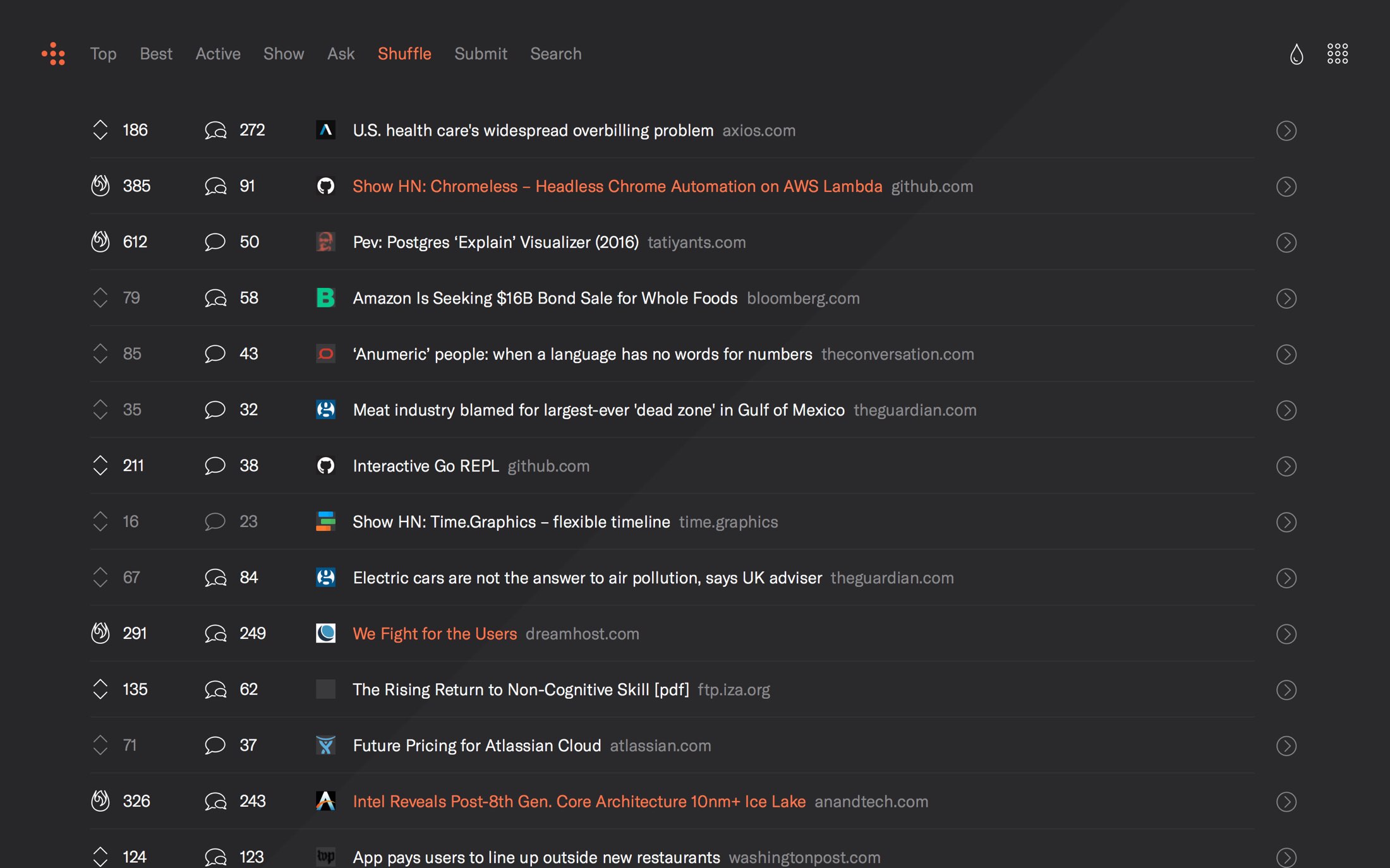 HN reader index page in dark mode