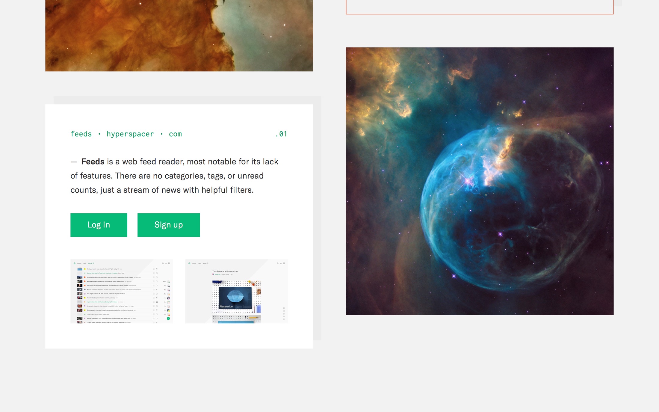 Landing with space imagery for the RSS reader