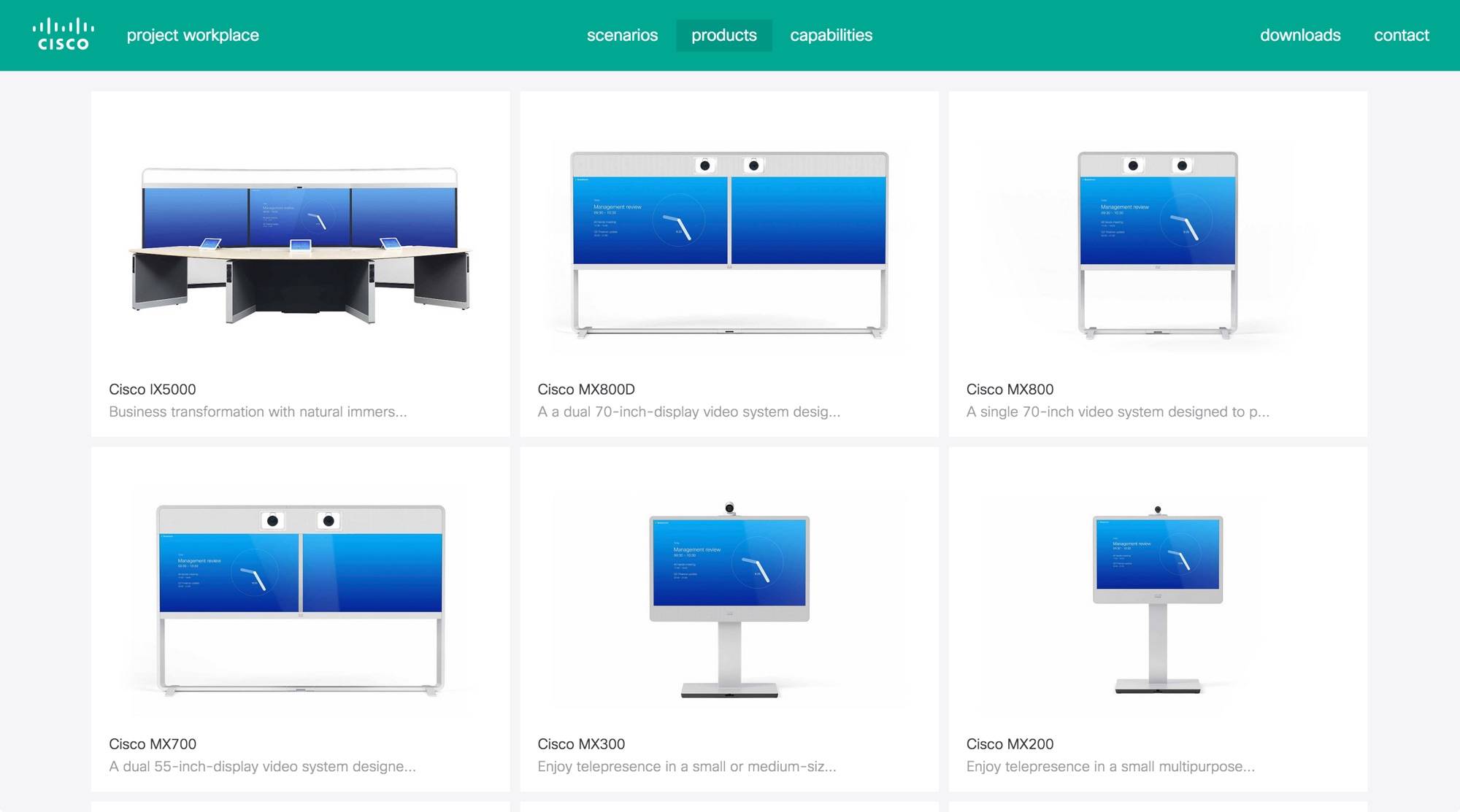 Products page with images of video conferencing systems