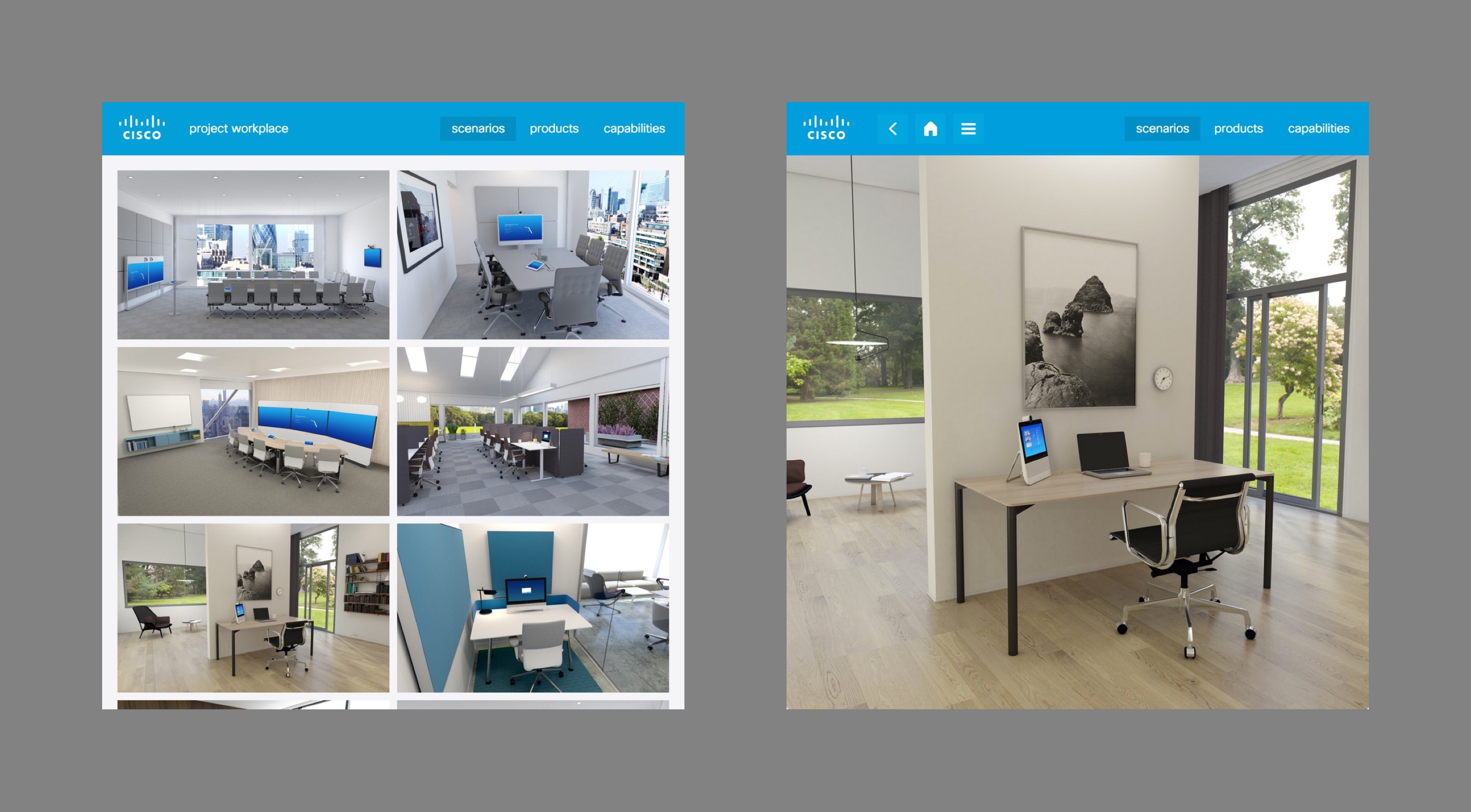 Landing page and meeting room details page on a tablet