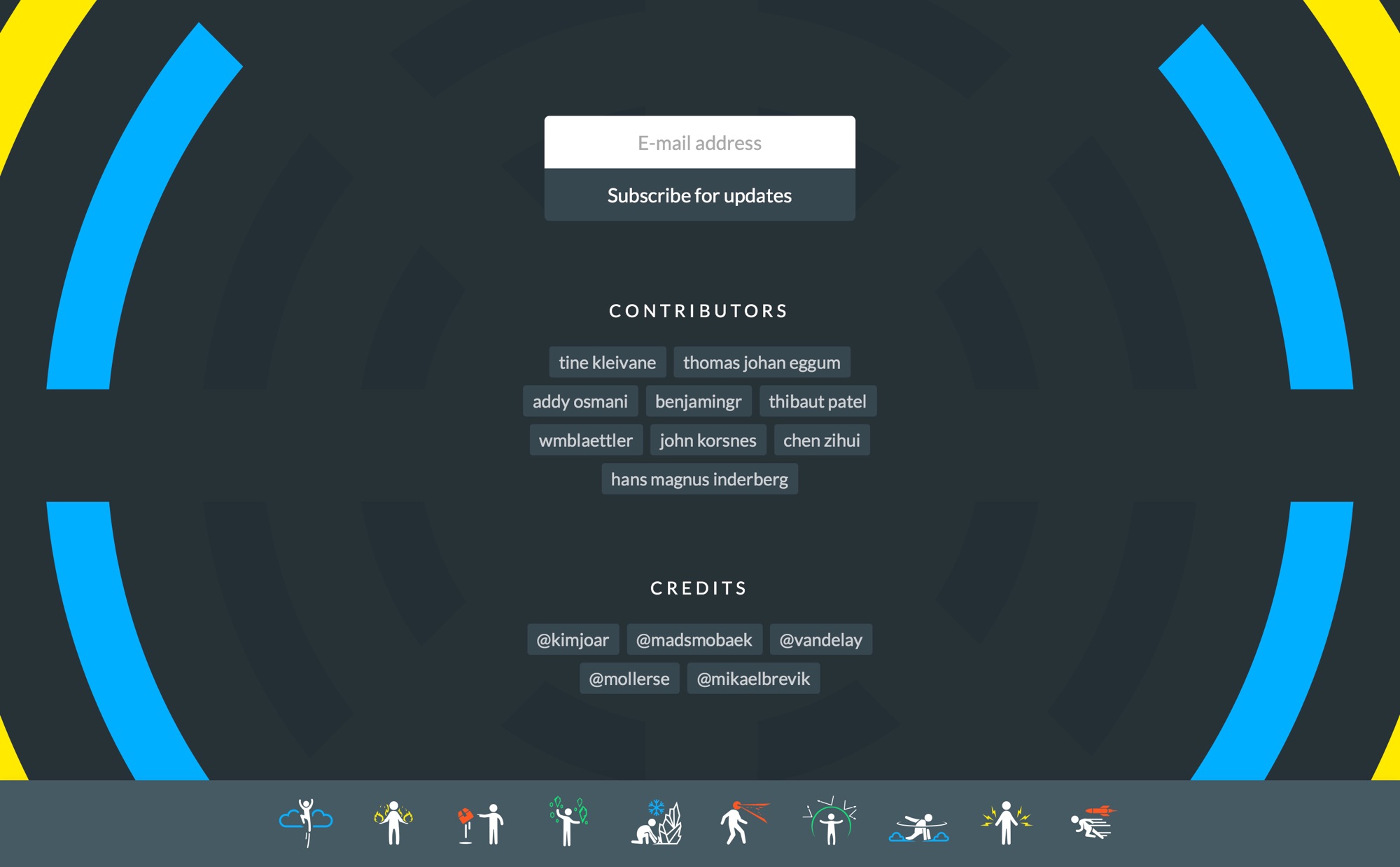 Footer with credits and email list signup