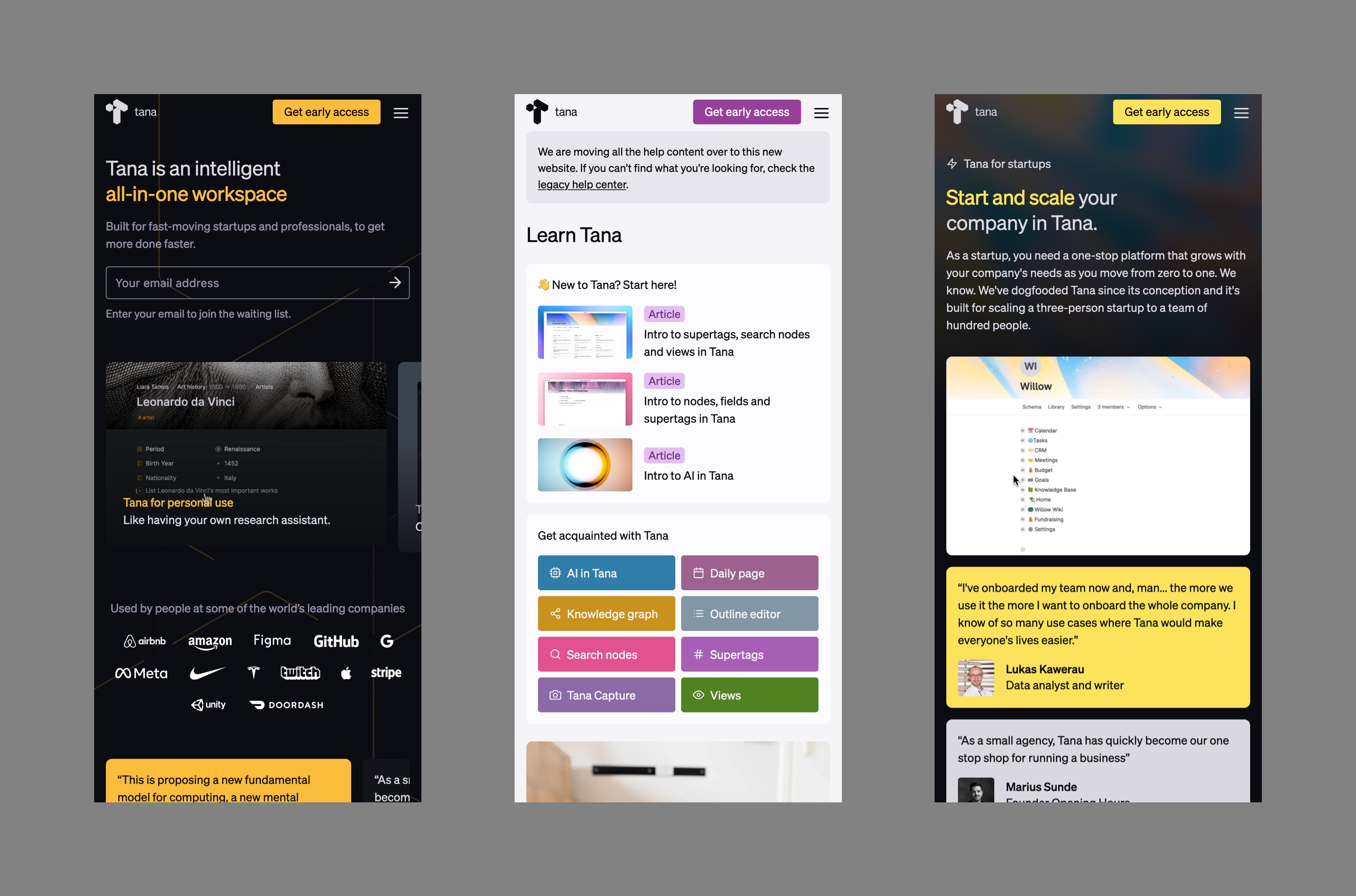 Screenshots of three mobile pages: The home page, the learn page, and a feature page