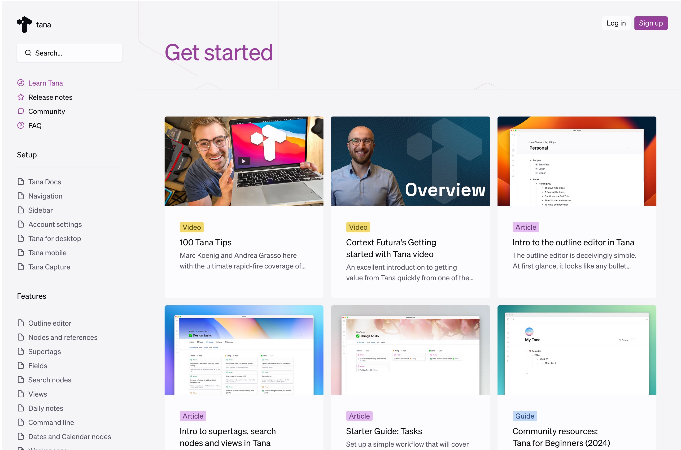 Screenshot of the Learn Tana page, with links to feature pages and articles