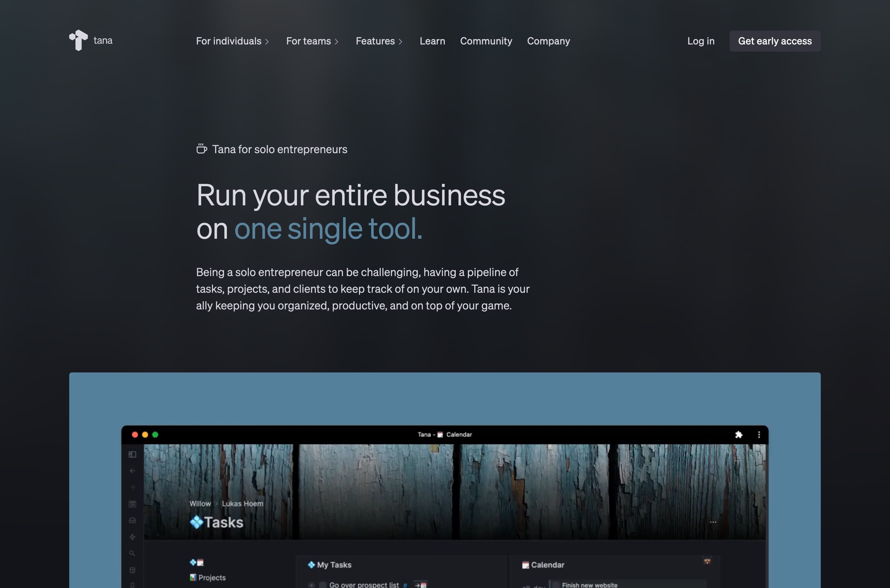 Screenshot of the Tana for Solo Entrepreneurs page