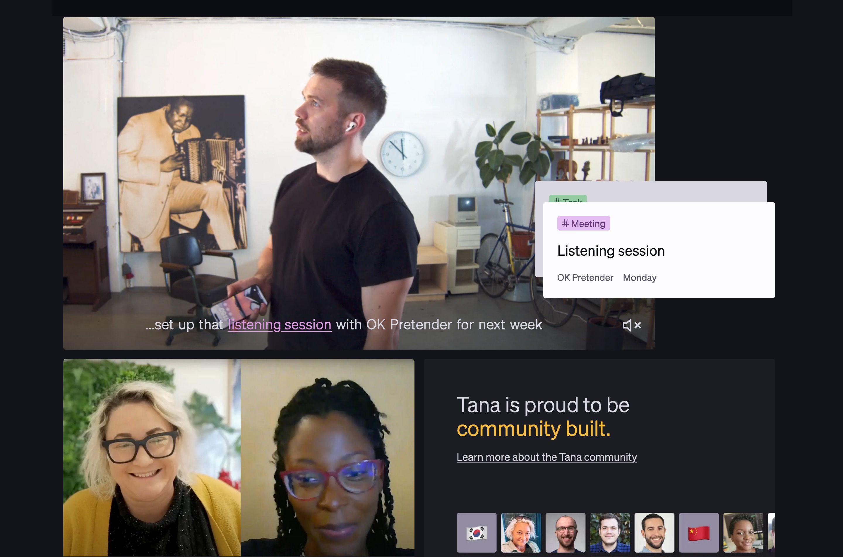 Screenshot from the home page showing a video of a person using the Tana Capture app