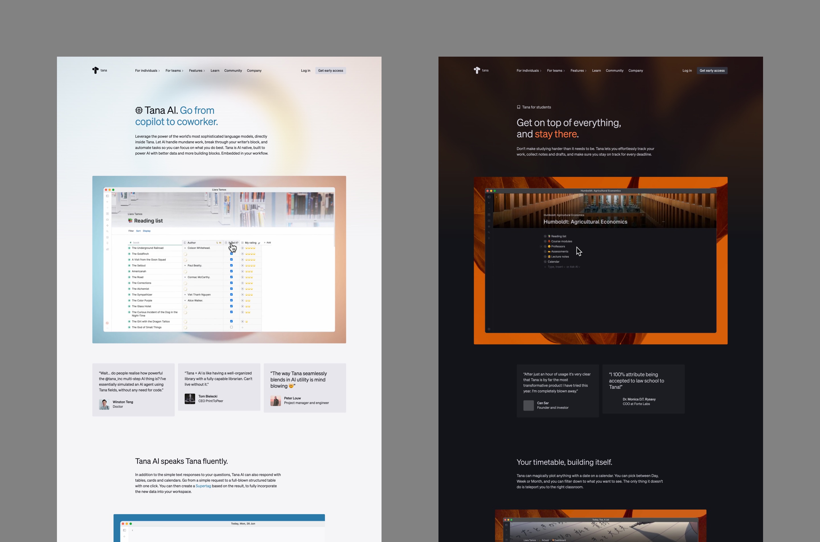 Screenshots of two pages: Tana for AI and Tana for Students