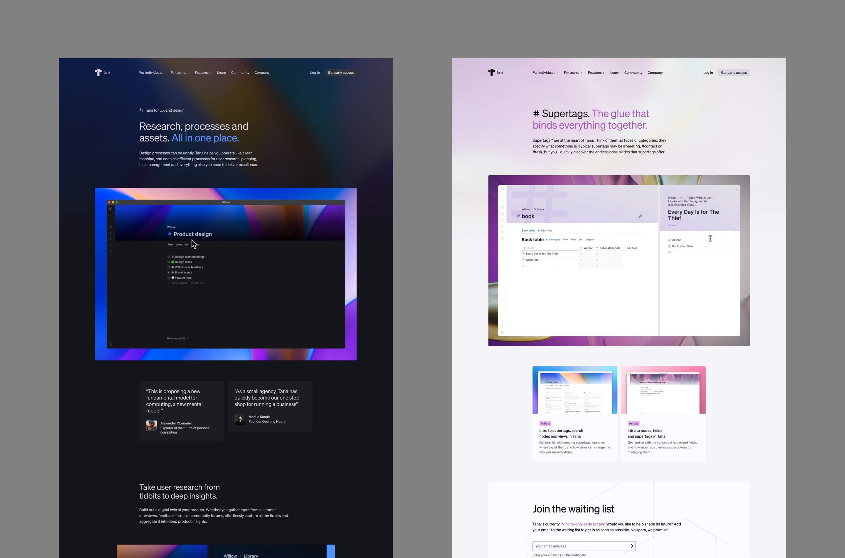 Screenshots of two pages: The Tana for Design page and a page about Tana Supertags