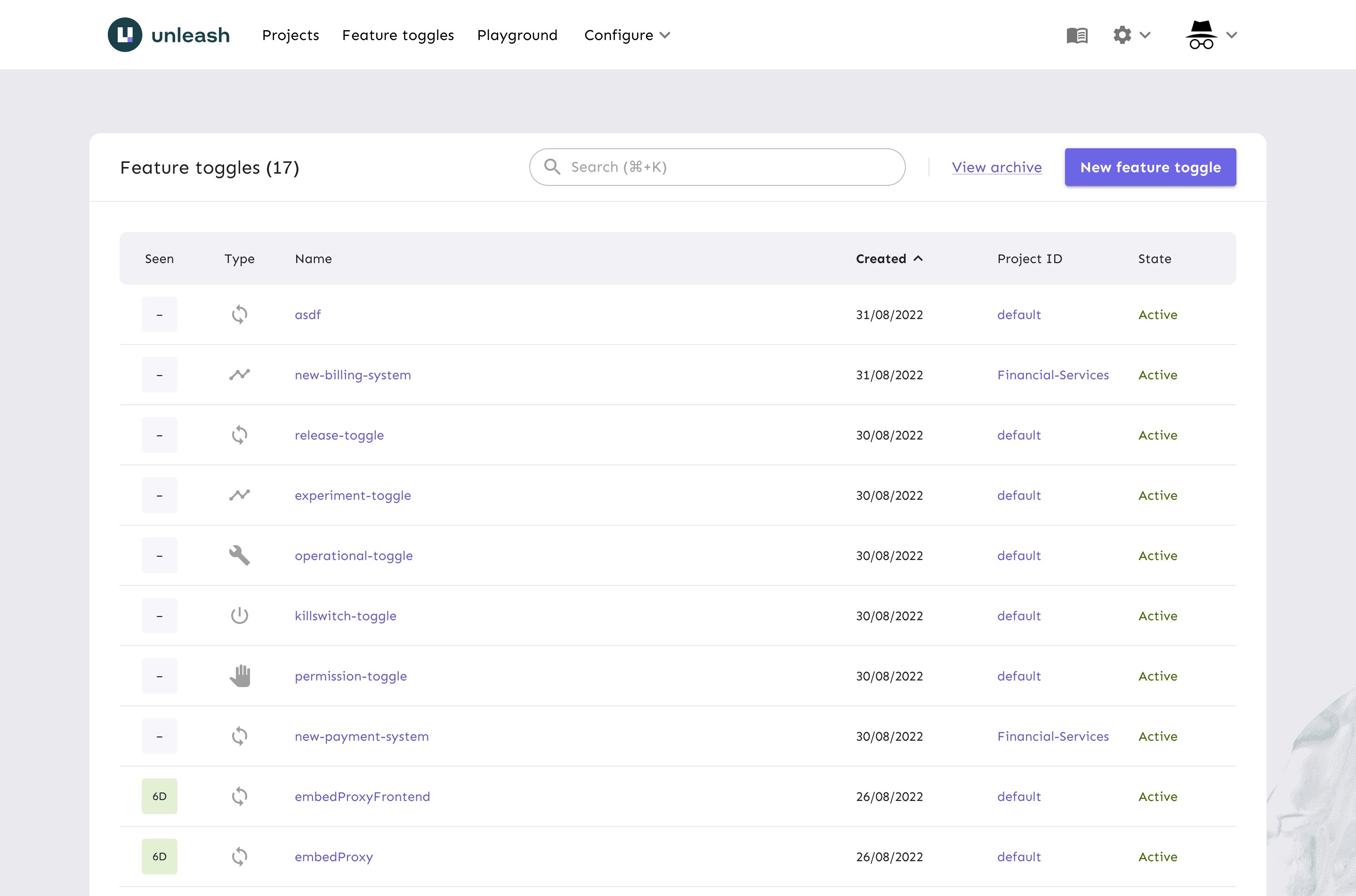 Screenshot of a table listing various feature toggles