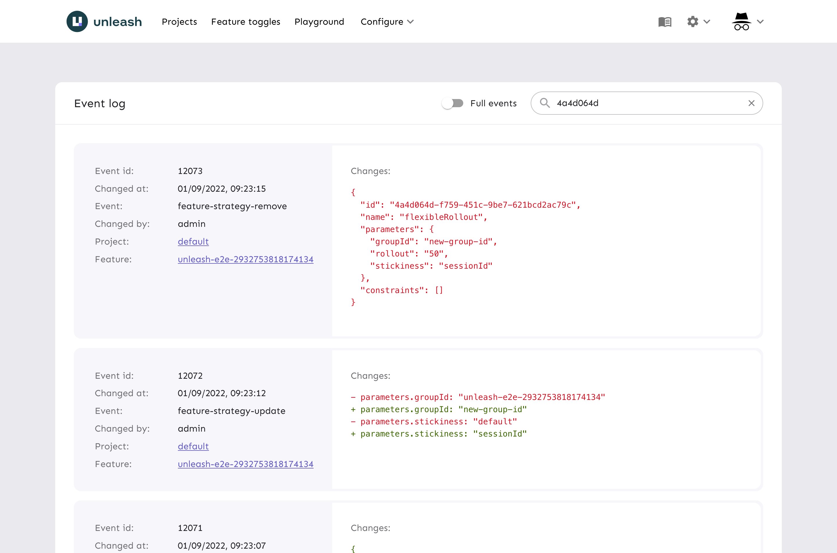 Screenshot of searchable log of system events