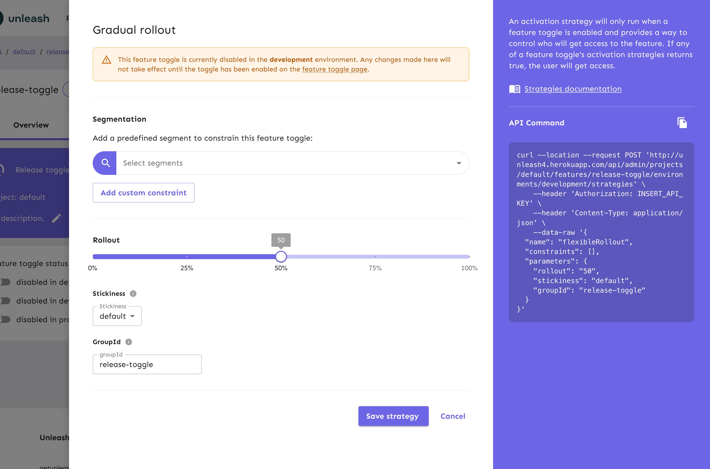 Screenshot of editing a gradual rollout toggle strategy