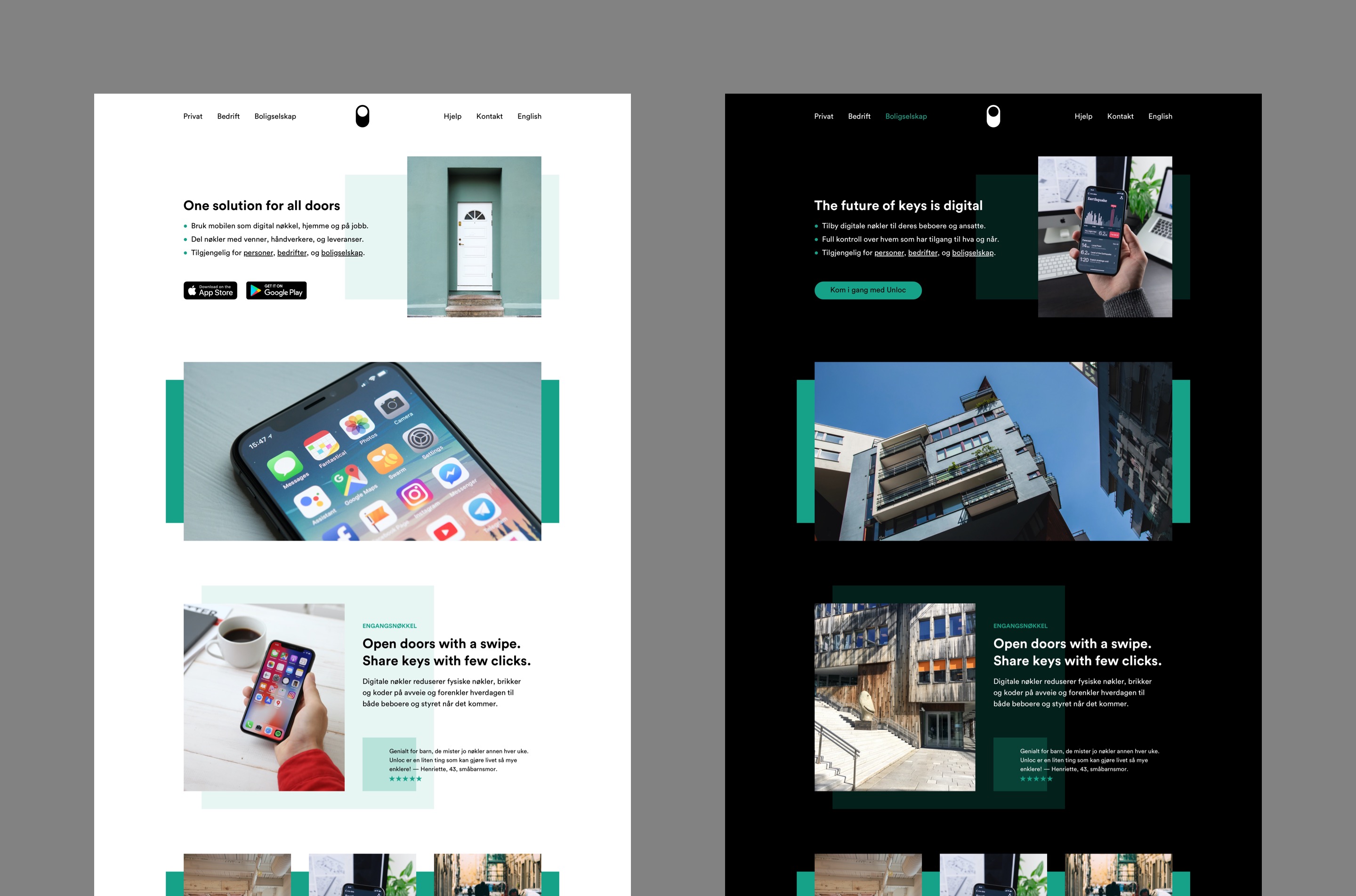 Landing page variants in light and dark modes